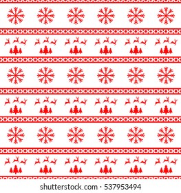 Vector illustration of Christmas seamless pattern with reindeer, spruces and snowflakes.  White background. It can be used in the design of a sweater, wrapping paper, packages, etc.