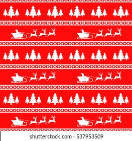 Vector illustration of Christmas seamless pattern with Santa, reindeer and spruces. Red background. It can be used in the design of a sweater, wrapping paper, packages, etc.