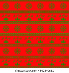 Vector illustration of Christmas seamless pattern with reindeer, spruces and snowflakes. Red background. It can be used in the design of a sweater, wrapping paper, packages, etc.
