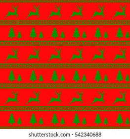 Vector illustration of Christmas seamless pattern with reindeer and spruces. Red background. It can be used in the design of a sweater, wrapping paper, packages, etc.