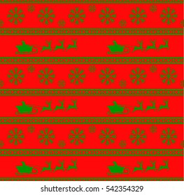 Vector illustration of Christmas seamless pattern with Santa, reindeer and snowflakes. Red background. It can be used in the design of a sweater, wrapping paper, packages, etc.