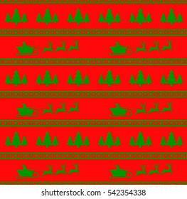 Vector illustration of Christmas seamless pattern with Santa, reindeer and spruces. Red background. It can be used in the design of a sweater, wrapping paper, packages, etc.