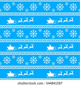 Vector illustration of Christmas seamless pattern with Santa, reindeer and snowflakes. Blue background. It can be used in the design of a sweater, wrapping paper, packages, etc.