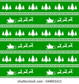 Vector illustration of Christmas seamless pattern with Santa, reindeer and spruces. Green background. It can be used in the design of a sweater, wrapping paper, packages, etc.