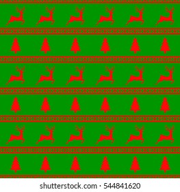 Vector illustration of Christmas seamless pattern with reindeer and spruces. Green background. It can be used in the design of a sweater, wrapping paper, packages, etc.