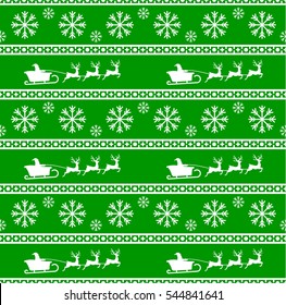 Vector illustration of Christmas seamless pattern with Santa, reindeer and snowflakes. Green background. It can be used in the design of a sweater, wrapping paper, packages, etc.
