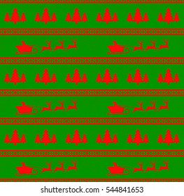 Vector illustration of Christmas seamless pattern with Santa, reindeer, spruces, snowflakes. Green background. It can be used in the design of a sweater, wrapping paper, packages, etc.