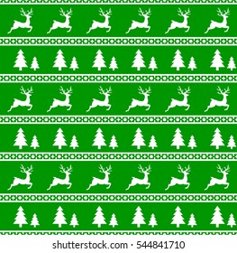 Vector illustration of Christmas seamless pattern with reindeer and spruces. Green background. It can be used in the design of a sweater, wrapping paper, packages, etc.