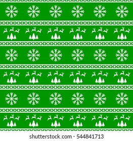 Vector illustration of Christmas seamless pattern with reindeer, spruces and snowflakes. Green background. It can be used in the design of a sweater, wrapping paper, packages, etc.