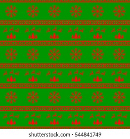 Vector illustration of Christmas seamless pattern with reindeer, spruces and snowflakes. Green  background. It can be used in the design of a sweater, wrapping paper, packages, etc.