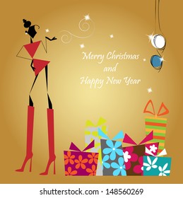 Vector illustration: Christmas, seasonal greetings, stylish silhouette woman graphic design element for cards, wallpaper & background (Part 2)