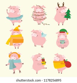 Vector illustration of the christmas set of cute little pigs - symbols of the year