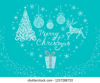Vector illustration. Christmas set of heart ornament. Christmas tree, Christmas balls, reindeer, gift, snowflakes. Lettering Merry Christmas. Happy New Year. The time of miracles. Magic. Postcard. 