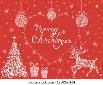 Vector illustration Christmas set of ornament for your design. Christmas tree, Christmas balls, reindeer, present, snowflakes. Lettering Merry Christmas. New Year.  White elements on a red background.