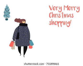 Vector illustration of Christmas shopping girl post card with text