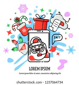 Vector illustration of Christmas shopping on the Internet. Santa Claus call center operator, a box with gifts, boots with sweets, discounts by e-mail.