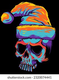 vector illustration Christmas skull on black background. vintage design t-shirts