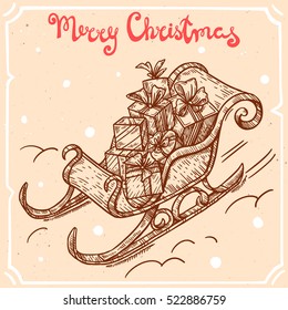 Vector illustration of christmas sleigh,gift box,text Merry Christmas on the background with abstract paper texture,retro frame.Letters,Santa sleigh sketch.Linear art in vintage style for your design.