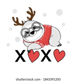 Vector illustration with christmas sloth with deer antlers and inscription xo xo