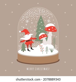 Vector illustration of Christmas Snow Globe with winter landscape , amanita mushrooms and xmas gnome	
