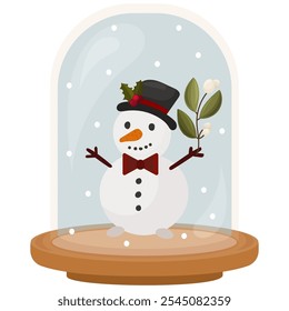 Vector illustration of Christmas snow globe. Crystal snowball with snowman and snowflakes. Winter holiday design, cartoon style 