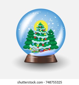 Vector illustration of Christmas snow globe with Christmas tree and cat