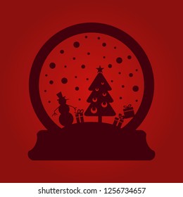Vector illustration of a christmas snow globes silhouette with snowman, christmas tree and gifts on a red background