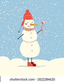 Vector illustration of christmas snowman with a candy and little bird for greeting card design. Hand drawn illustration in doodle style. Line art. For web greeting card and another print design.