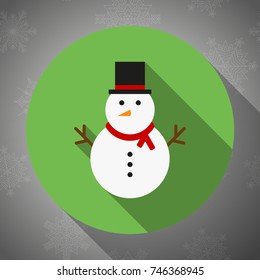 Vector illustration of a Christmas snowman. Flat icon with long shadow for web