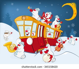 Vector Illustration of a Christmas Snowman Music Band and a Red Tram