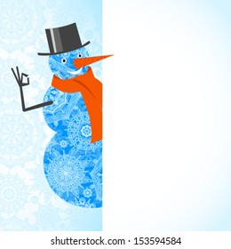 Vector illustration of Christmas Snowman with red scarf and banner. Christmas ornament  for invitations, greeting cards, brochures, magazines, leaflets.