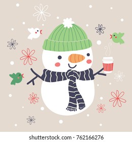 Vector illustration of Christmas snowman wearing a bonnet and scarf in the holiday winter chill and holding a coffee cup