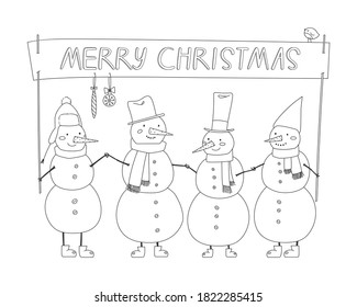 Vector illustration of christmas snowmen and little bird for greeting card design. Hand drawn illustration in doodle style. For web greeting card and another print design.