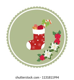 Vector illustration of a Christmas sock with gifts in a frame on a white background. Template for postcards, logos, icons, shortcuts.