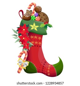 Vector illustration. Christmas sock with poinsettia, cookies and sweets. Christmas gifts, sweets. All elements are isolated.