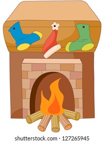 A vector illustration of Christmas socks hanging on the fireplace