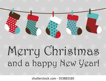 ilustración vectorial de calcetines navideños colgando de una cuerda. EPS