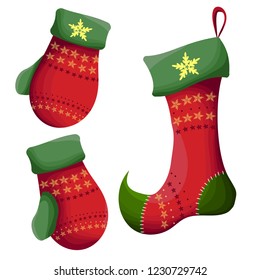Vector illustration. Christmas socks and mittens on a white background. All elements are isolated.