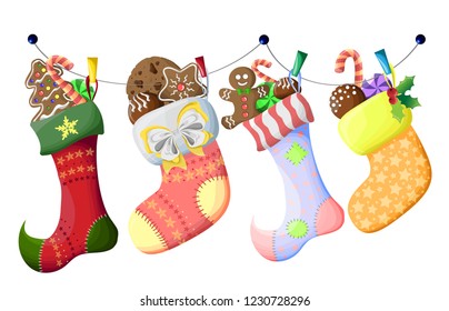 Vector illustration. Christmas socks on a rope, on clothespins. Socks with gifts. New year's sweets. All elements are isolated.