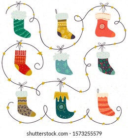 Vector illustration with Christmas  socks on rope isolated on white background