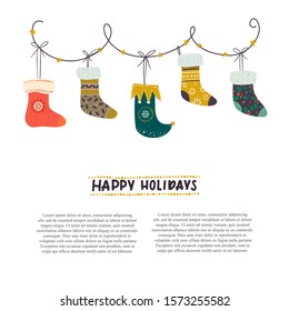 Vector illustration with Christmas  socks on rope and text isolated on white background