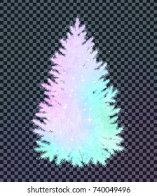 Vector illustration of Christmas spruce tree silhouette in pastel vivid colors with glitter on transparency background. 