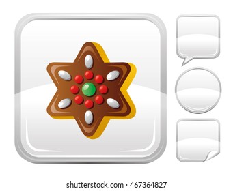 Vector illustration of christmas star gingerbread cookie icon. Sweet dessert holiday food. Blank button form set - square, speaking bubble, circle, sticker.
