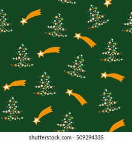 Vector illustration of christmas star trees and stars on green background seamless pattern