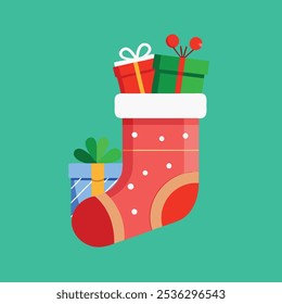 Ilustração vetorial de uma meia de Natal cheia de presentes. Perfeito para projetos temáticos de férias, cartões de felicitações, decorações sazonais e mercadorias festivas