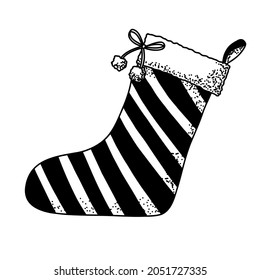 Vector illustration of Christmas Stocking with fur. Silhouette of Hanging Sock for present. Hand drawn art on white isolated background