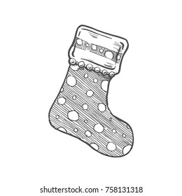 Vector illustration of Christmas stocking in ink hand drawn style.