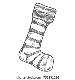 Vector illustration of Christmas stocking in ink hand drawn style.