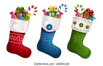 Vector illustration of Christmas stockings with gifts isolated