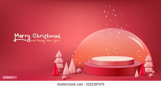 Vector illustration of Christmas studio podium with tree and snow. Red Christmas and Happy New Year background. Realistic 3d decorative.